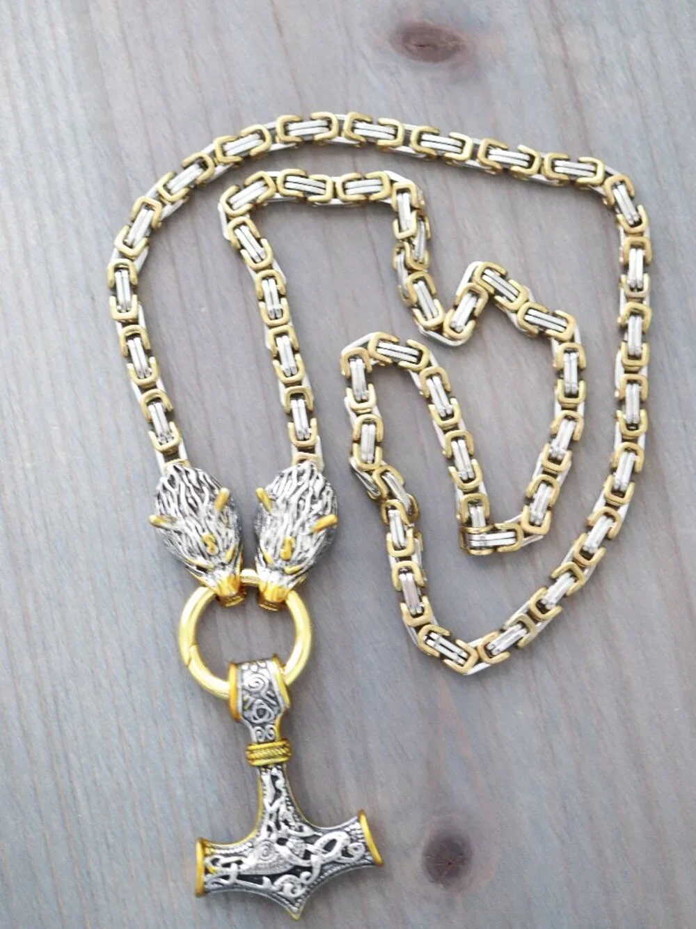 Thor Hammer Viking Style with Wolf Byzantine Chain Necklace 2-Tone Stainless Ste